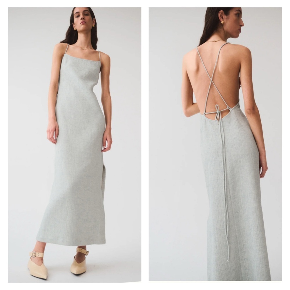Matin Lucca Backless Dress in Pale Blue Size 8 Stretch Viscose Puckered Texture